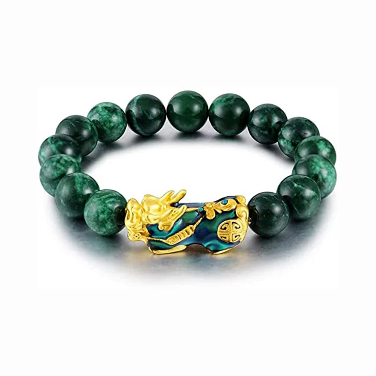 

High Quality 3D Temperature Changing Pixiu Green Jade Stone Beads Bracelet Green Agate Lucky Healthy Energy Piyao Bracelet