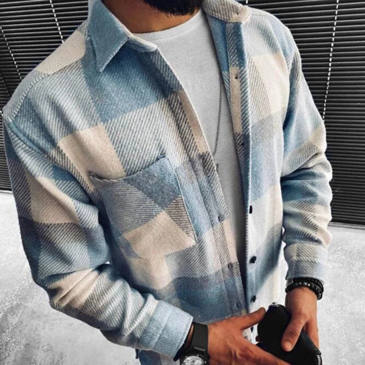 

Autumn Single Pocket Long Sleeve Shirt Men Fashion Plaid Shirts Male Cotton Casual Men's Clothing Streetwear