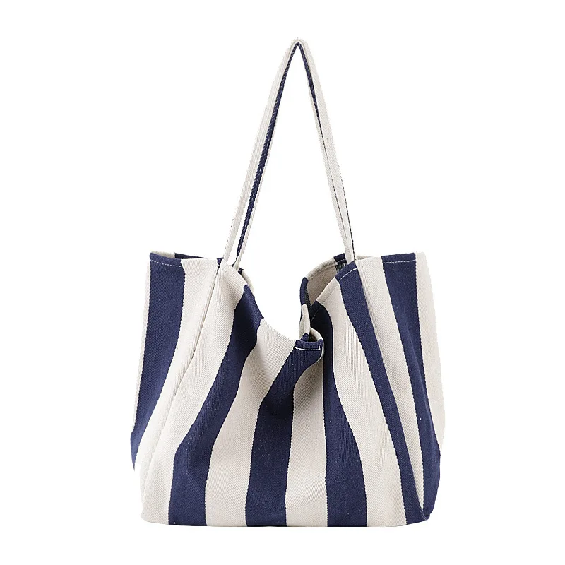 

Korean retro art handbag simple small striped canvas bag casual fashion large-capacity one-shoulder tote bag, Customizable