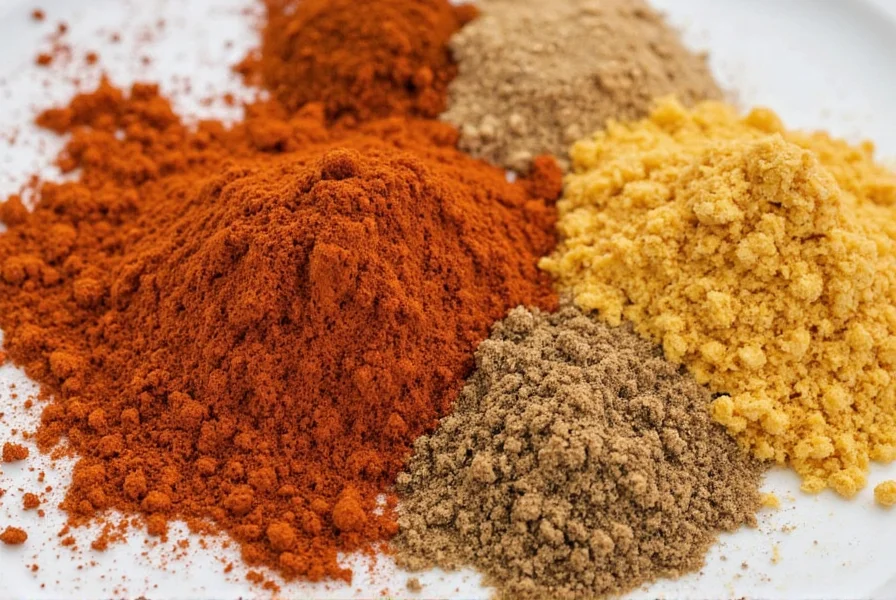 Close-up shot of a hand holding a wooden spoon with a colorful array of ground spices