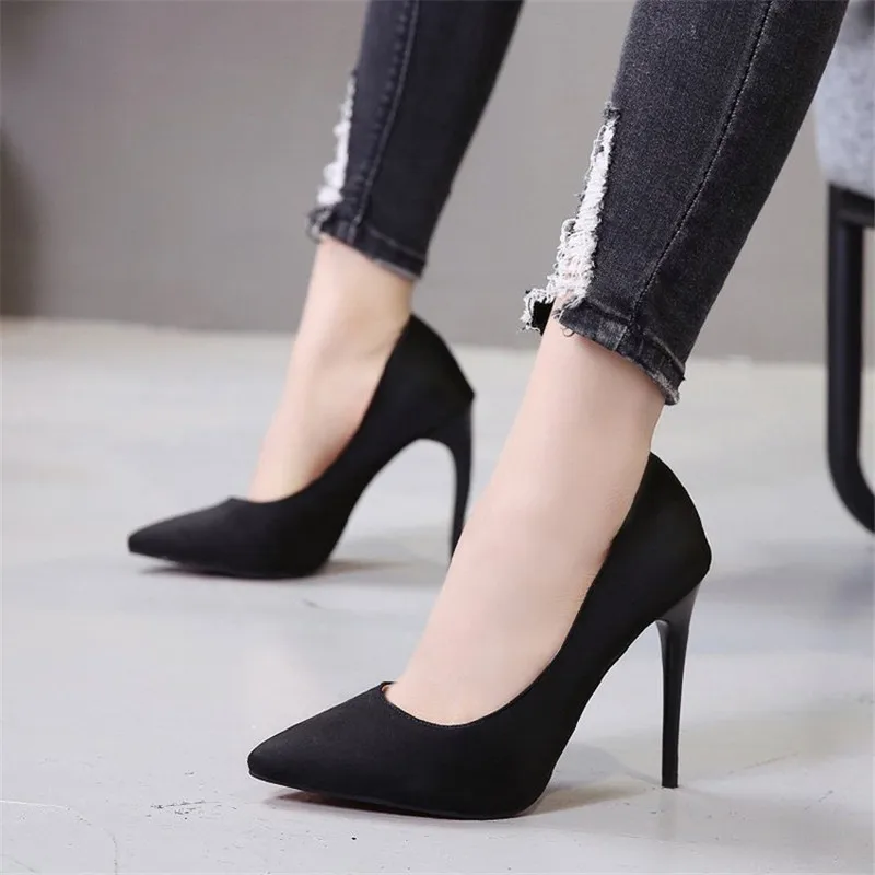 

Big Size 35-44 women's shoes 2020 concise flock high heels women pumps pointed toe classic red gray ladies wedding shoes office