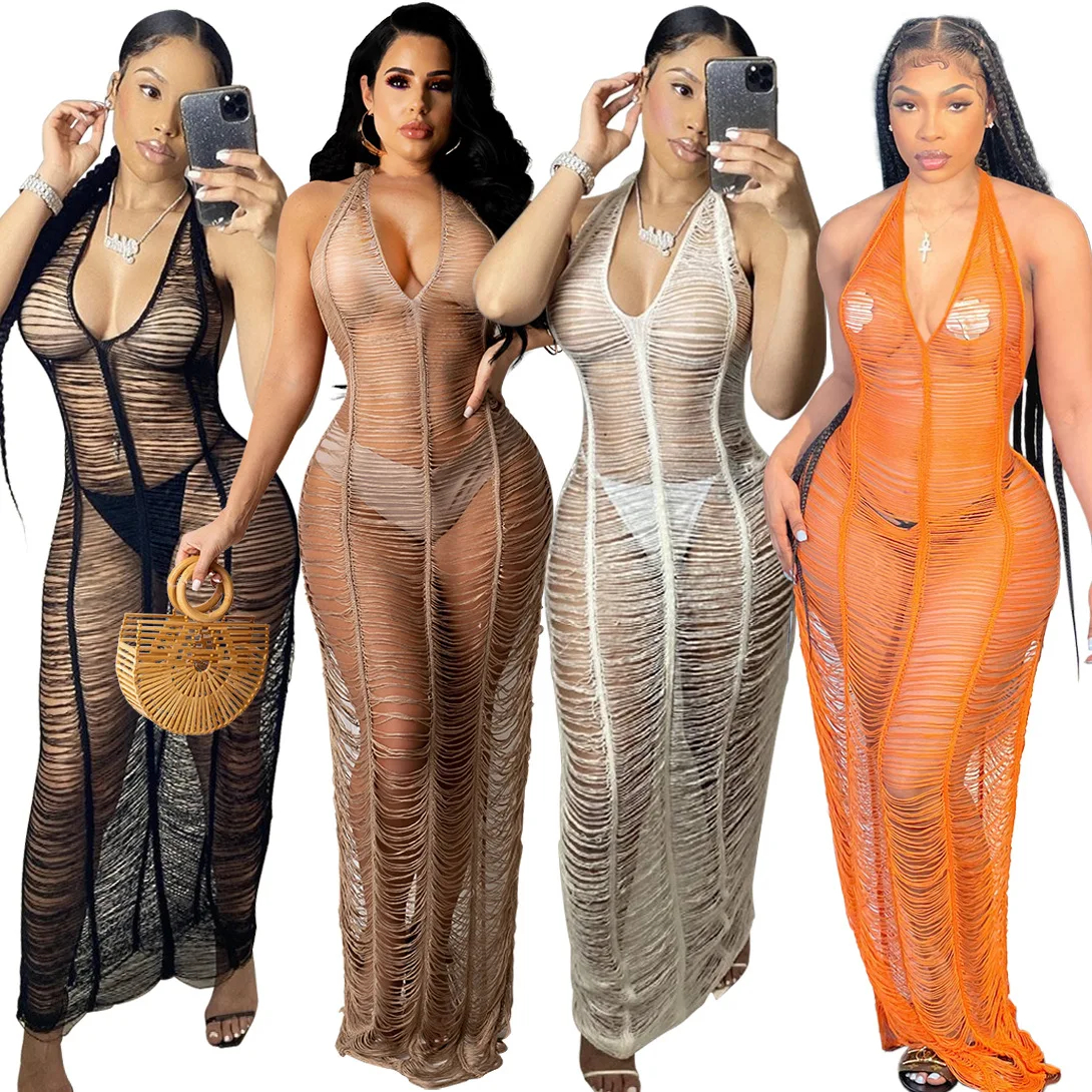 

Amazon Women Sexy Halter Sleeveless Mesh See Through Crochet Maxi Long Dress Backless Knitted Beach Bikini Swimsuit Cover Ups, Solid color