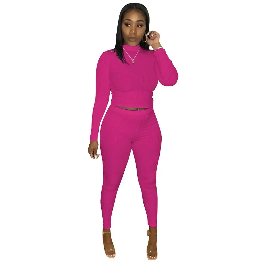 

Women's fashion solid color pit strip round neck long sleeve trousers suit