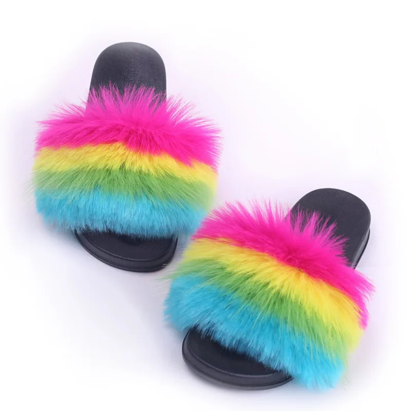 

New Girl Luxury Fluffy Fur Slippers Ladies Indoor Warm Furry Fur Flip Flops Women Amazing Plush Fur Slides women's slippers