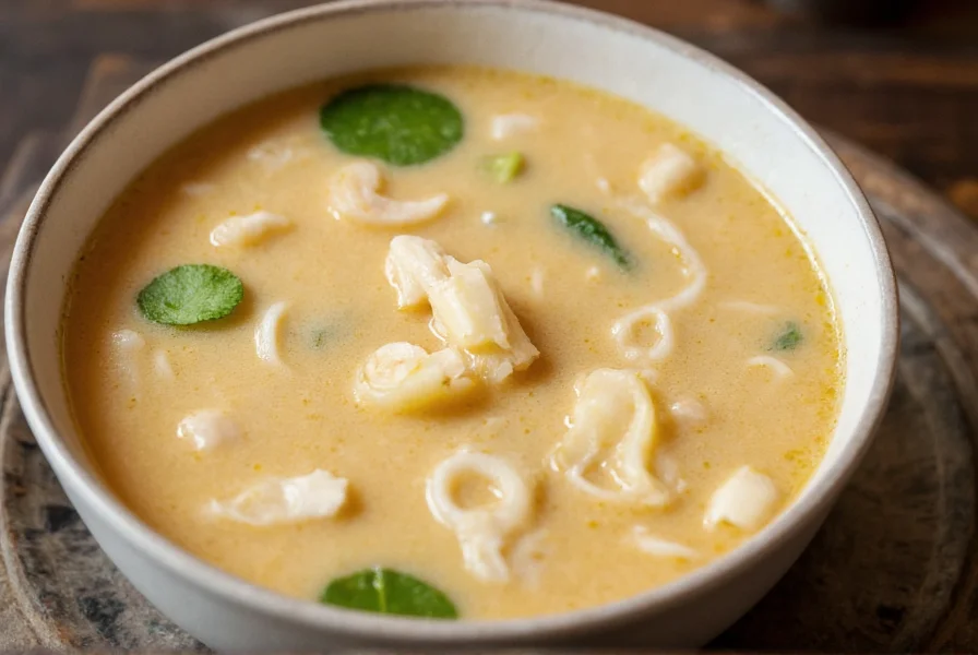 Traditional Thai dish tom kha gai soup with galangal slices visible in coconut broth