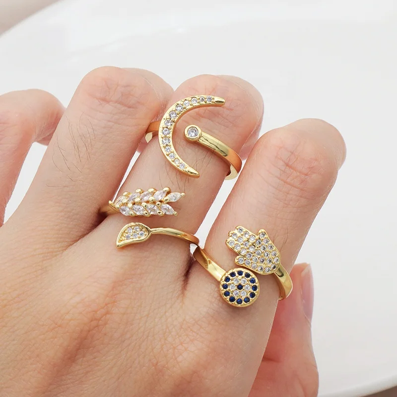 

Moon Hand Eyes Leaf Dainty Finger Ring Women Jewelry customize Fashion gold plating CZ adjustable evil eyes ring, Multi