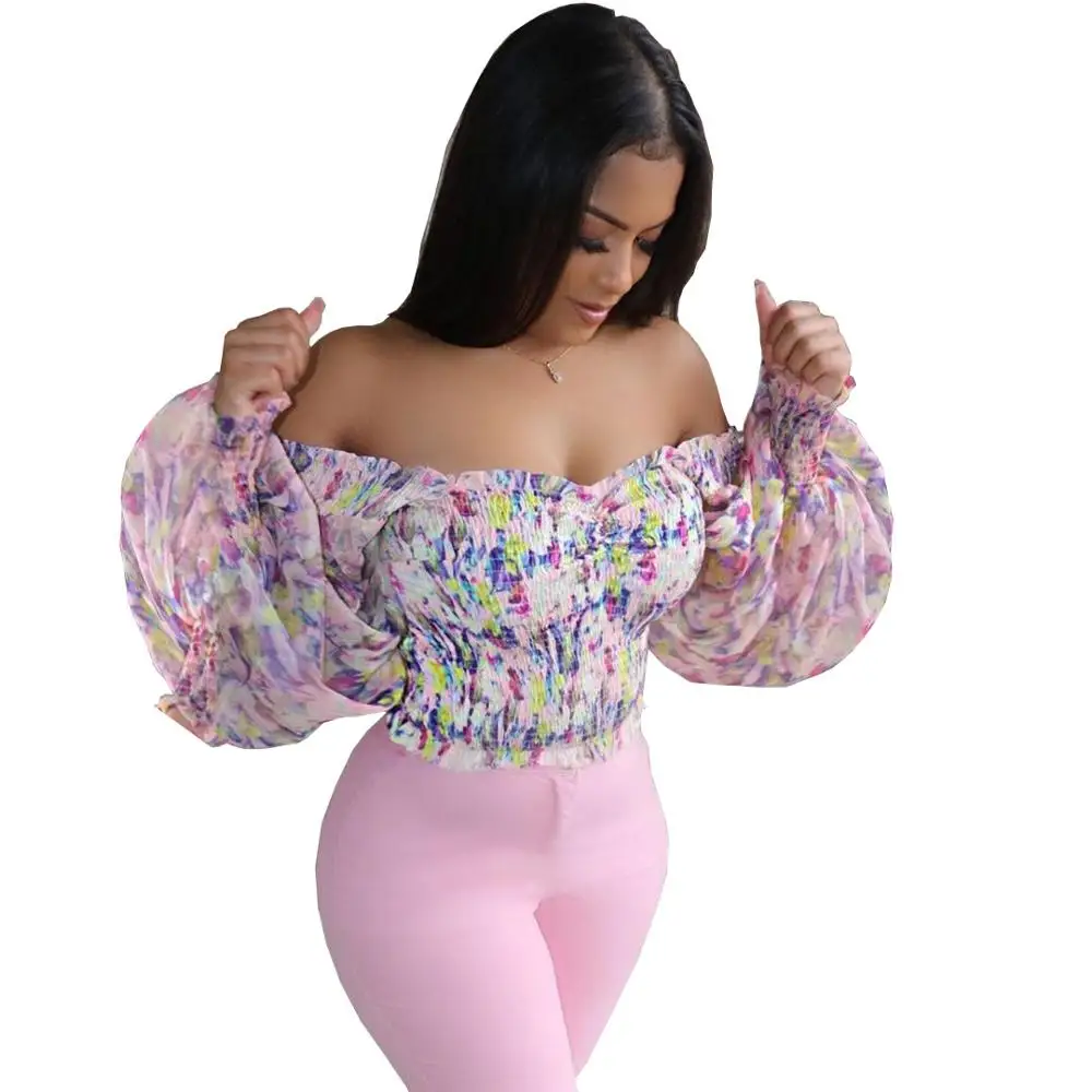 

Amazon Hot Selling women sexy Long sleeve off shoulder floral print Fashion ladies top blouse
