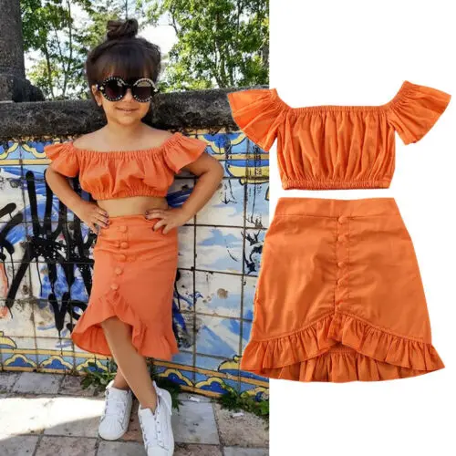 

2020 Toddler Kids Baby Girls Clothes Sets Orange Off Shoulder Tops Crop Ruffle A Line Skirt Outfit 2 pcs kids clothing girls