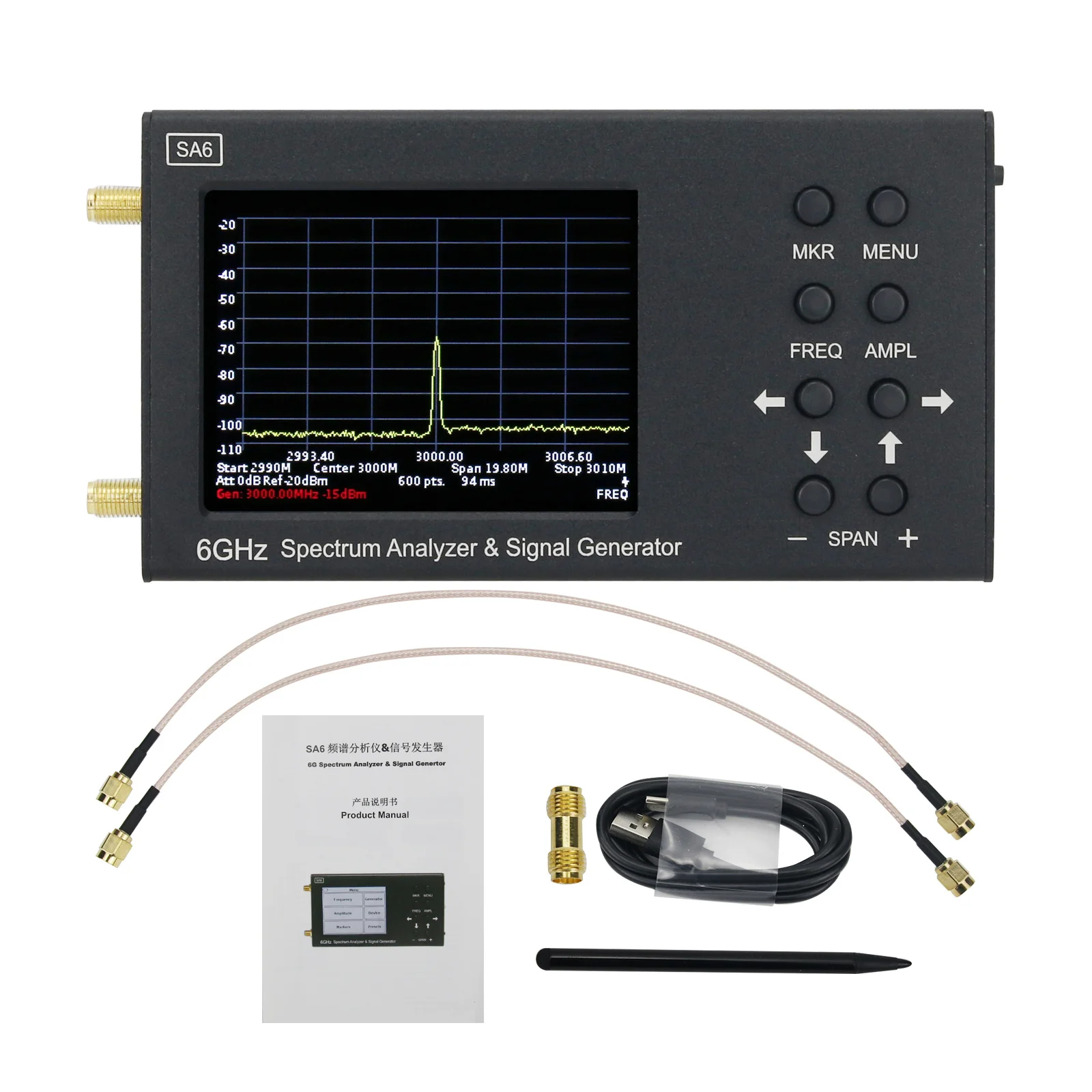 

SA6 6GHz Spectrum Analyzer Signal Generator RF Signal Source Wi-Fi 2G 4G LTE CDMA GSM Beidou GPR