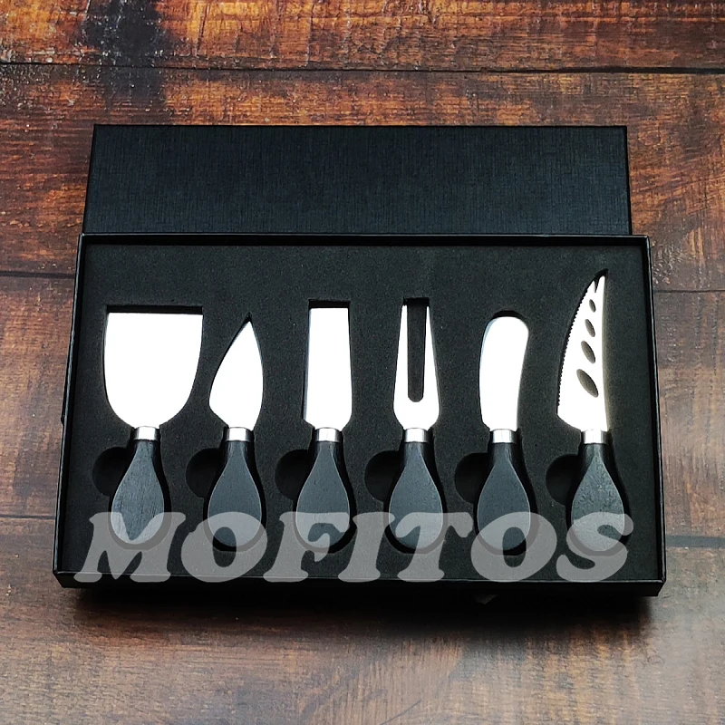 

6 pcs Cheese Knife Tool Set Gift Box Black Wood Handle Stainless Steel Cheese Knife Set