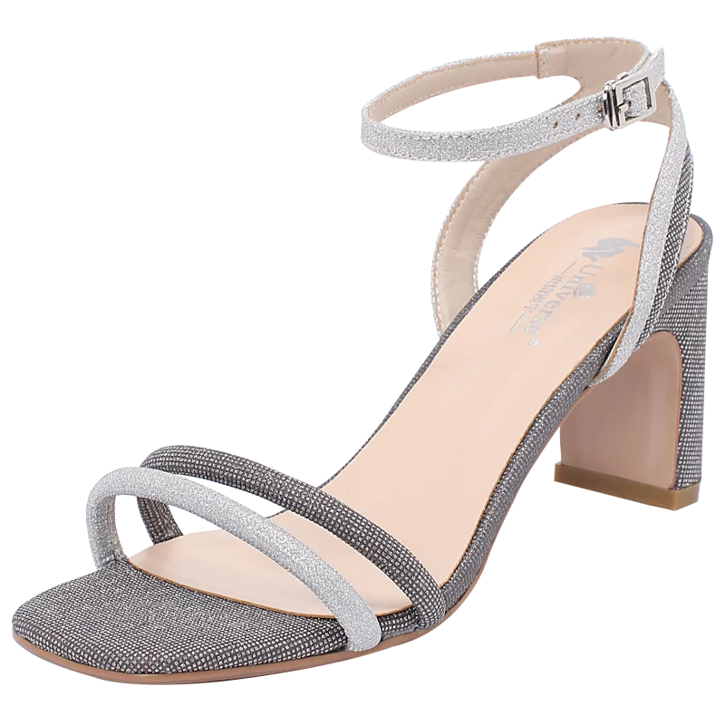 

K099 Women Elegant Ankle Strap Design High Heel Shoes for Ladies Peep Square Toes Sandals, Silver/deep grey