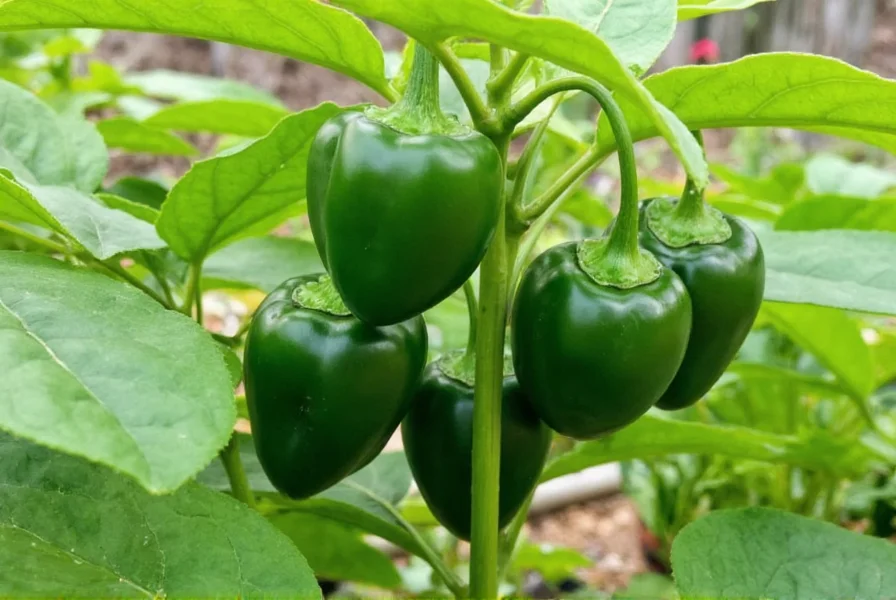Poblano pepper plant in garden with multiple dark green heart-shaped peppers growing among broad leaves
