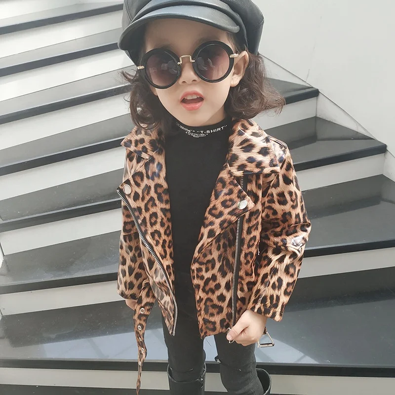 

Baby Girls Leopard Coat 2021 Korean Style girls pu leather Outwear Jacket Kids Toddler spring autumn jacket, As picture