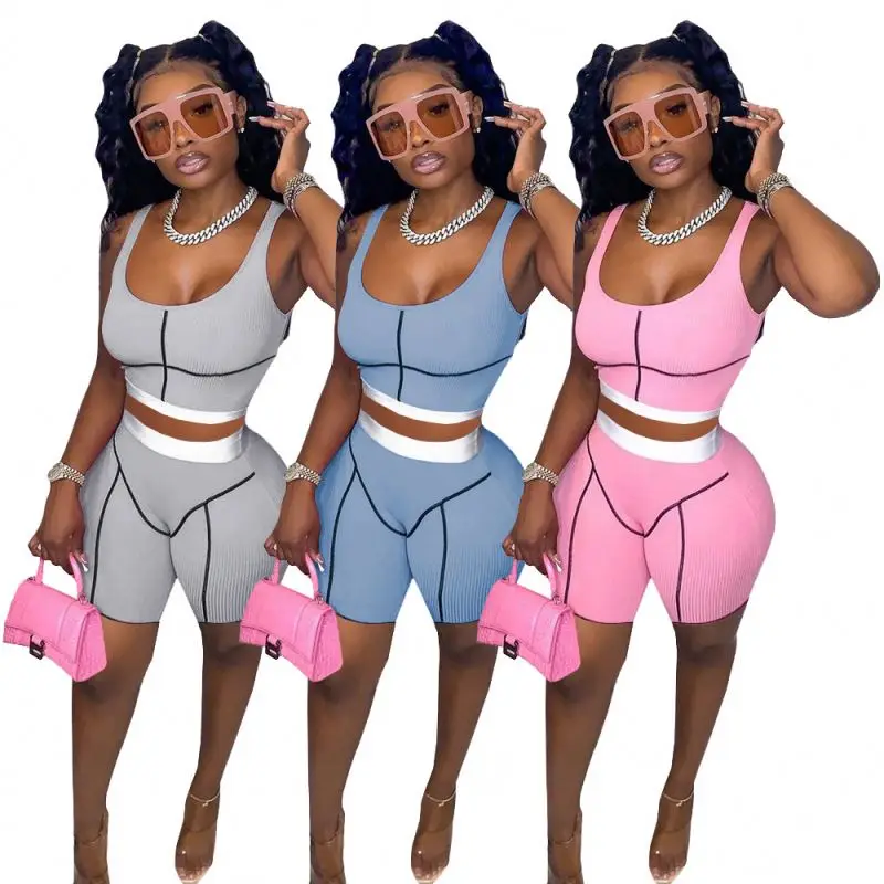 

New arrival Two Piece Short Set Bodycon Outfits For Women Casual Cloth Halter Biker Shorts Set Sexy Women Summer Tracksuit