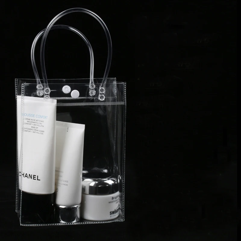 

Custom logo PVC Transparent Cosmetic Shopping Bag with Handle Clear Pvc Shopping Tote packing Bags for gift, Clear or custom ized