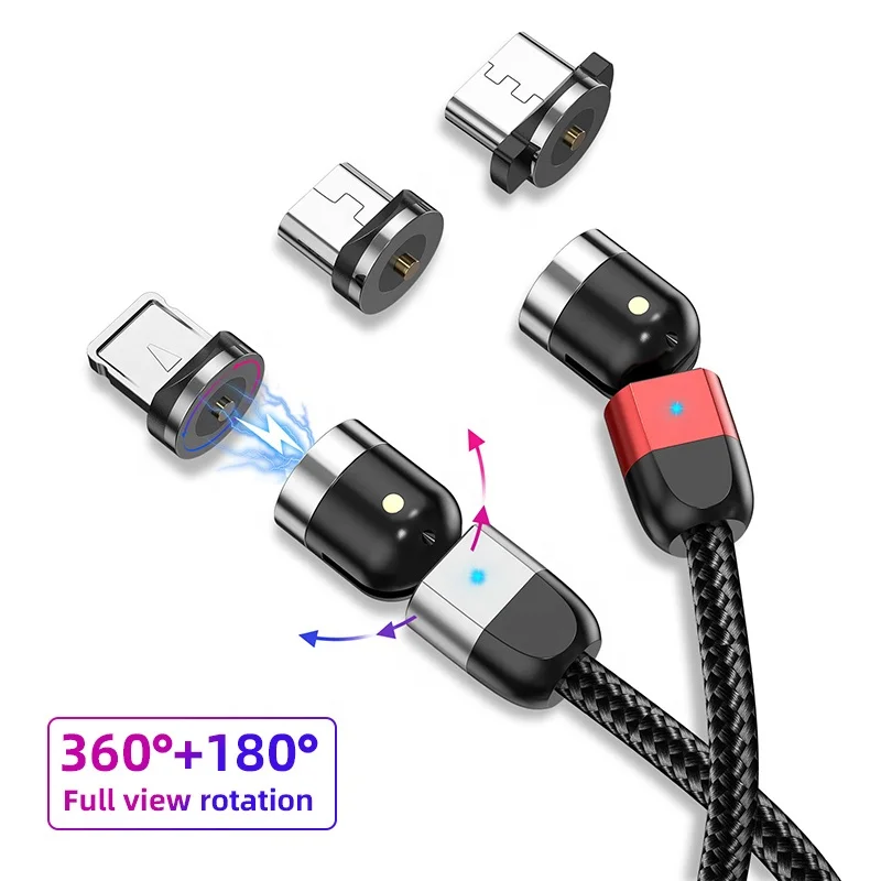 

USLION New Product 1M 540 Degree Flexible Straight Bend 3 in 1 for Micro USB C Led Nylon Weave Magnetic Charging USB Cable, Black, red, silver,purple