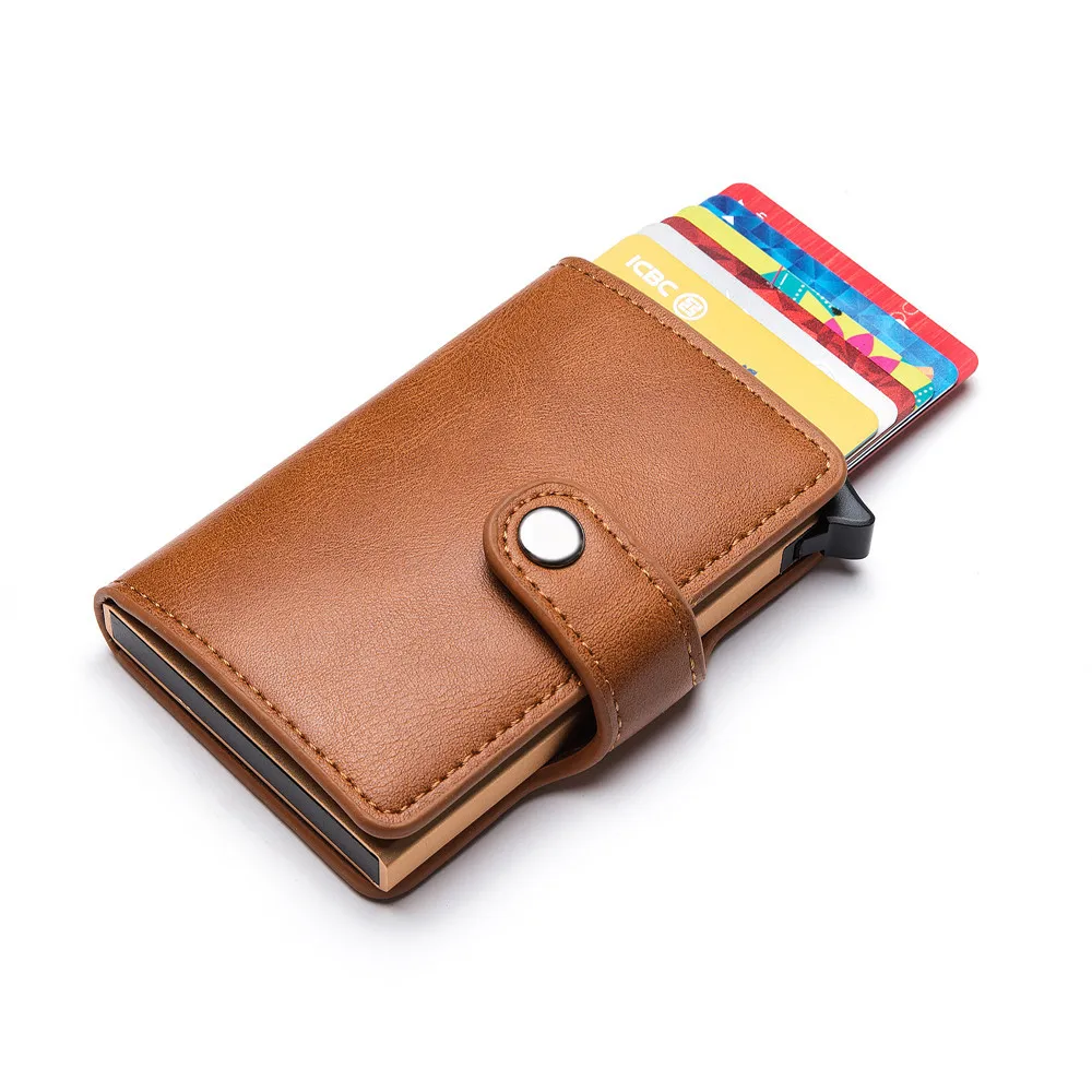 

Fashion hot sell PU leather wallet case automatic popup rfid credit card holder aluminum