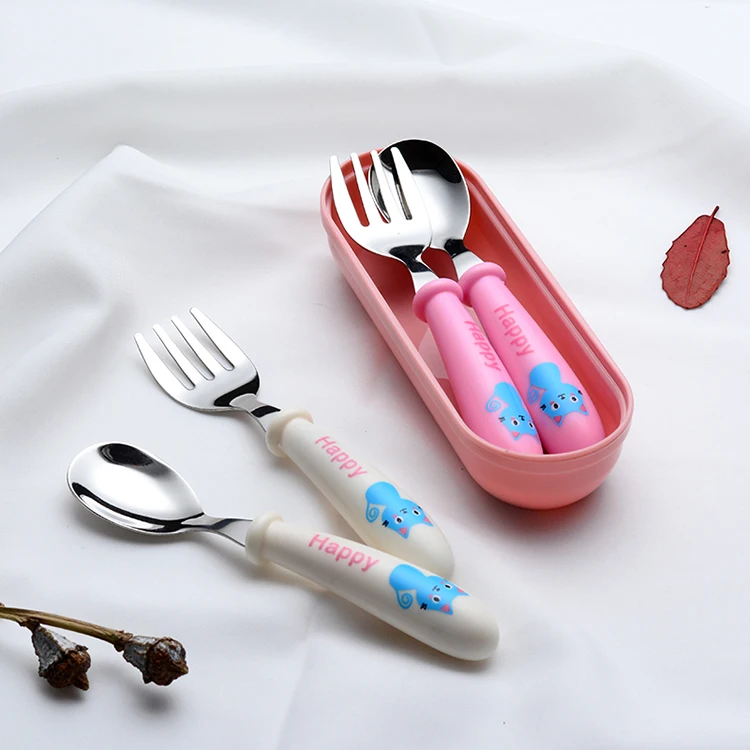 

Kids cartoon flatware set funny silicon handle children baby spoon and fork set stainless cutlery with case, Pink,white