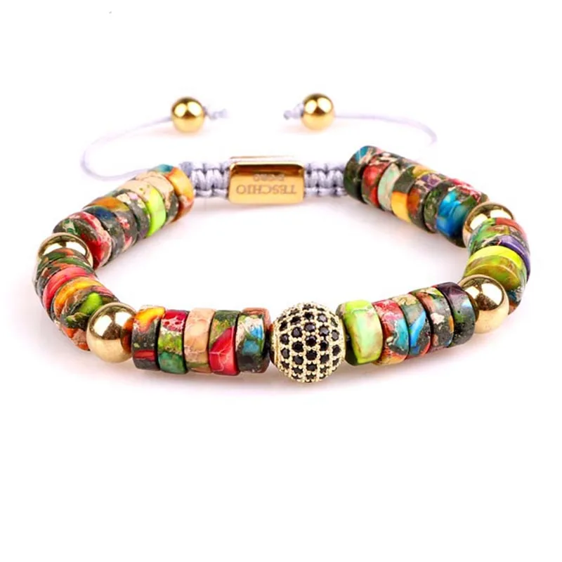 

High Quality Gemstone Multi Color Sediment Jasper Diamond Ball Bohemia Adjustable Bracelet Women