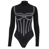 

Black Skinny Bodycon Women Bodysuits Long Sleeve Fashion Spring 2020 One Piece Romper Casual Slim New Printed Bodysuit