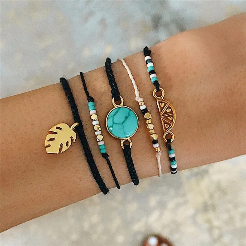 

2019 Hot Selling Jewelry Set Girls Gift Fashion Handmade Weaving Bracelets Turquoise Round Stone Beads Pendant Charm Bracelet, Picture