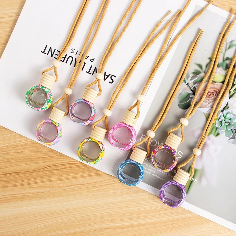Women Gift Multi Colors Cute Clay Design Perfume Hanging Car Fragrance Bottle With Wood Cap