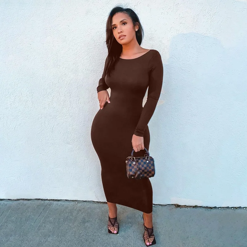

Solid women long sleeve midi dress bodycon sexy streetwear party club 2020 autumn winter slim basic