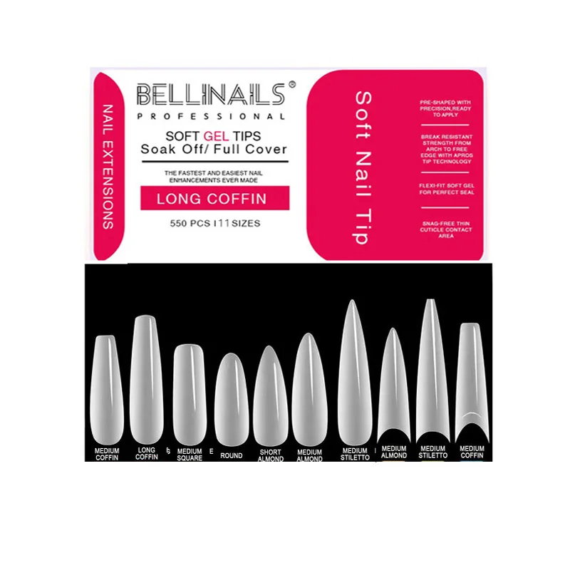 

Hot sale soft 550pcs Gel X nail tips full cover extra long c curve nail tips, Clear