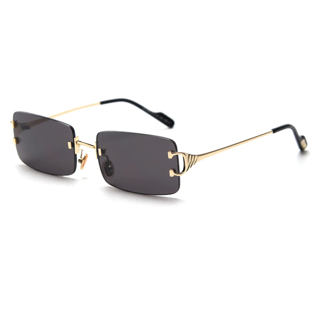 

Red tinted rimless men retro black rectangular sun glasses for women metal wholesale sunglasses