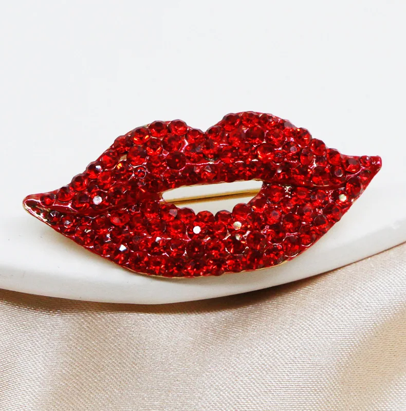 

Amazon hot-selling fashion full diamond high-end clothing dripping oil corsage sexy red lips brooch