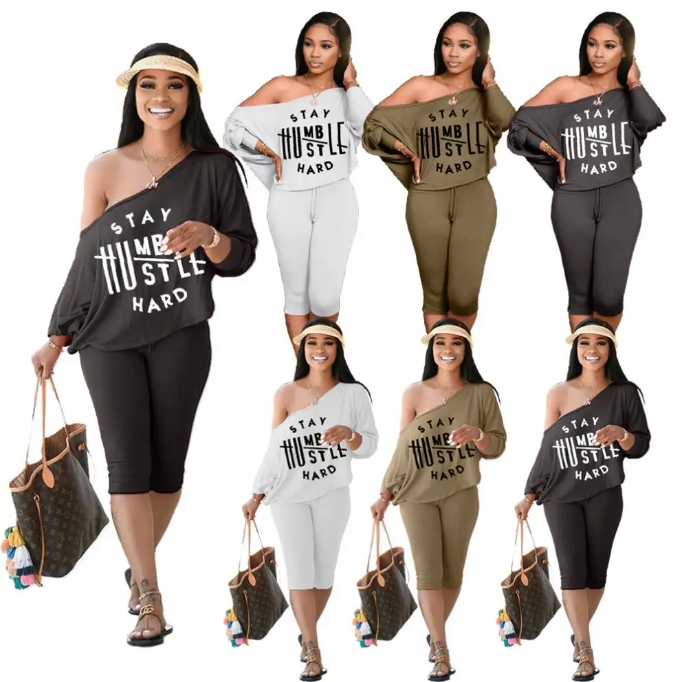 

2021 Fashion-lettered plain printed slant shoulder shorts casual two-piece women summer short sets, 3 colors or customized