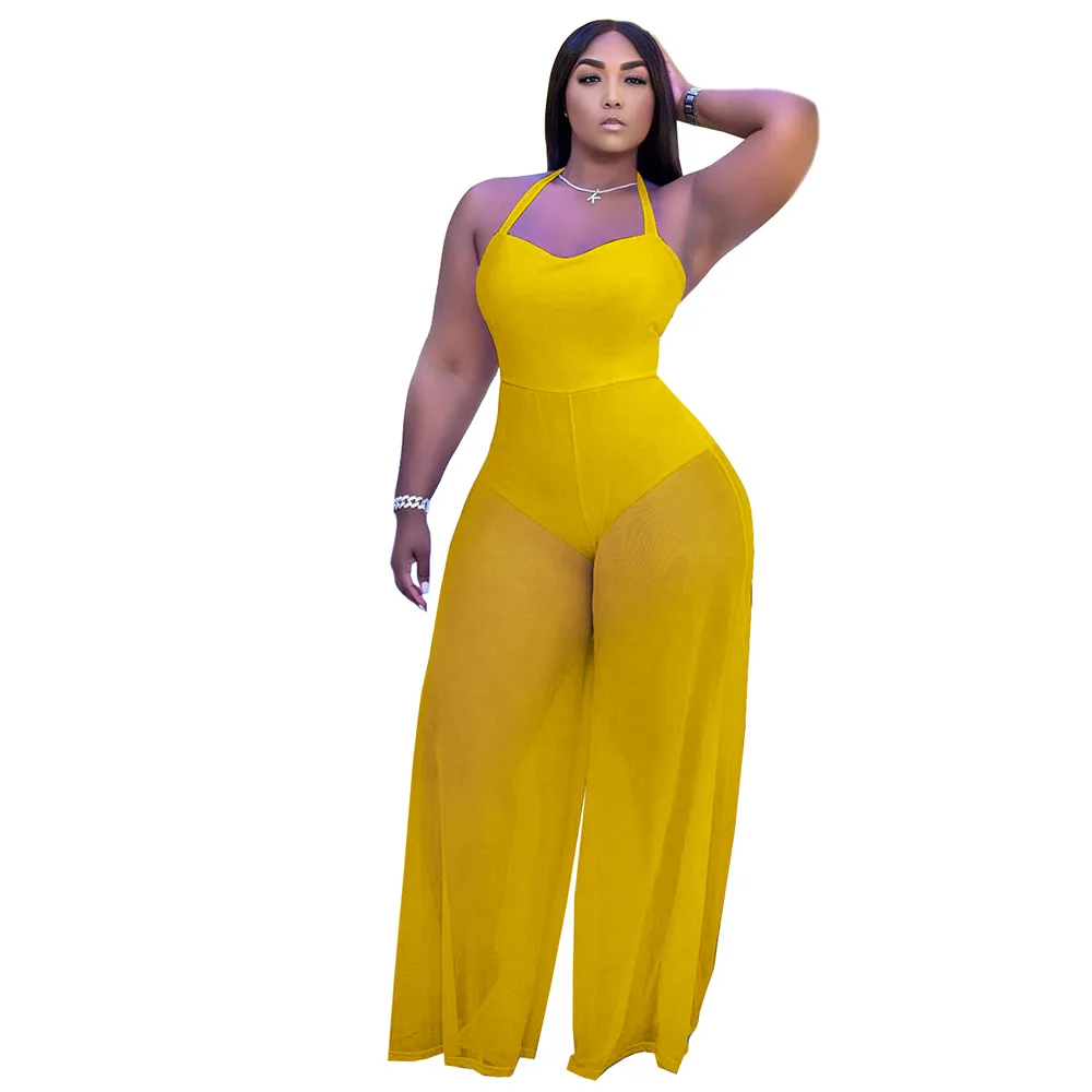 

Solid Color Double-sided Stitching Female Jumpsuit Sexy Mesh Camisole Large Loose Wear for Woman, White, yellow, red, black, orange