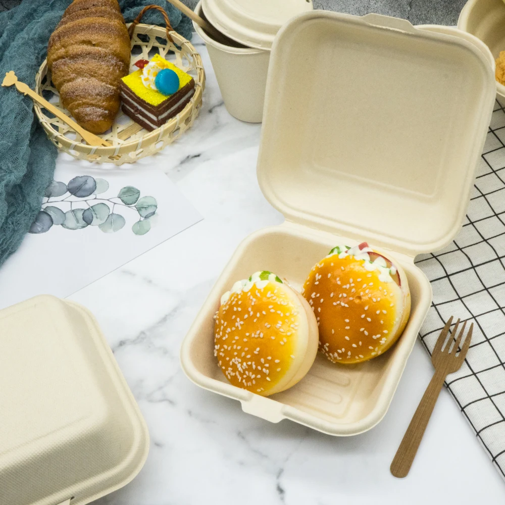 

Custom logo White/unbleached sugar cane tableware food container sugarcane bagasse bento burger box clamshell with hinged lid, White or unbleached