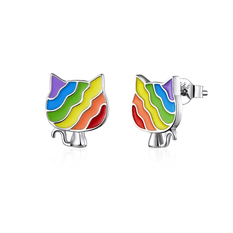 

Fashion S925 Stud Earrings Rainbow Cat Pet Design Sterling Silver Shiny Korean Style Earrings for Women