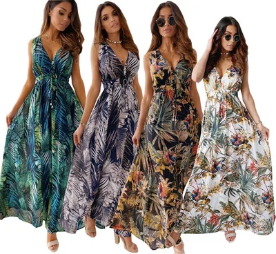 

2021 new arrival women summer flower dress sexy backless flower print dress v neck high waist women casual floral dress