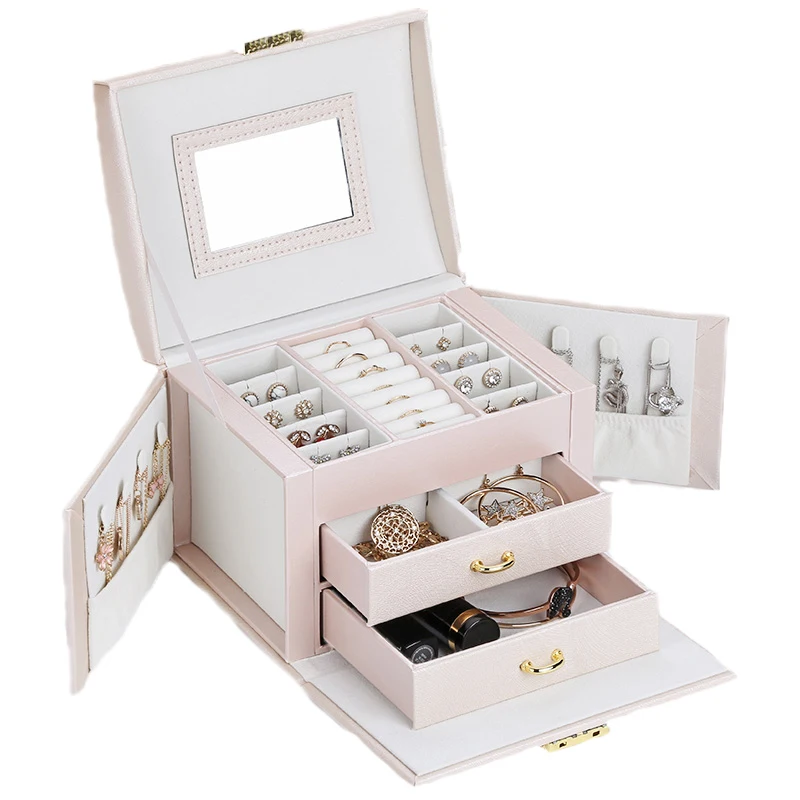 

Custom logo Handmade Luxury Velvet PU Leather Jewelry Box Organizer with Mirror Lock Drawer Ring Earring Jewelery box