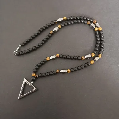 

2021 Hot Sale Matte Brown Tiger Eye Beads Necklace Black Glass Beads Necklace With Big Hematite Triangle Pendant Necklaces