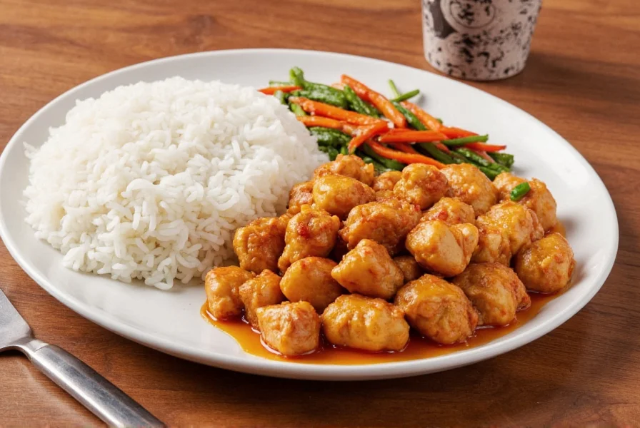 Panda Express meal showing Pepper Chicken served with steamed rice and side vegetables