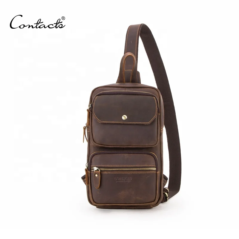 

Drop ship Contact's vintage genuine cowhide leather mens two outside pocket cross body messenger single single shoulder bag, Coffee or customized color
