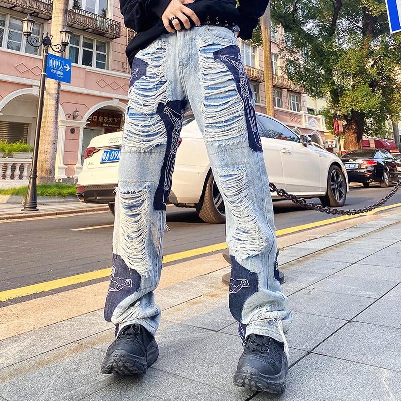 

2021 Men's Blue Biker Heavy Denim Patchwork Jeans Straight Beggar Ripped Hole Jeans Wholesale