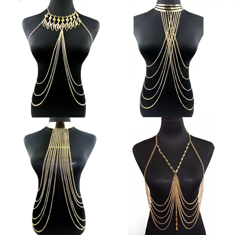 

SC Wholesale Super Sexy Body Chain Dress Body Jewelry Multilayer Bikini Waist Chain Exaggerated Tassel Body Chain Necklace Women, Gold, silver