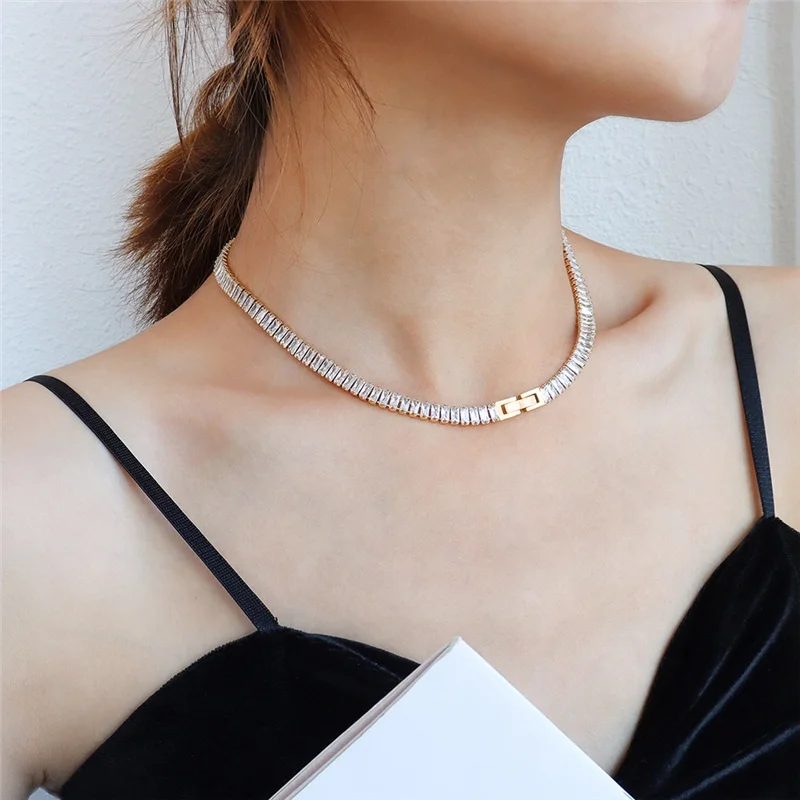 Fashion Stainless Steel 18k Gold Plated Baguettes Diamond Cubic Zirconia CZ Iced Out Square Cluster Tennis Chain Choker Necklace