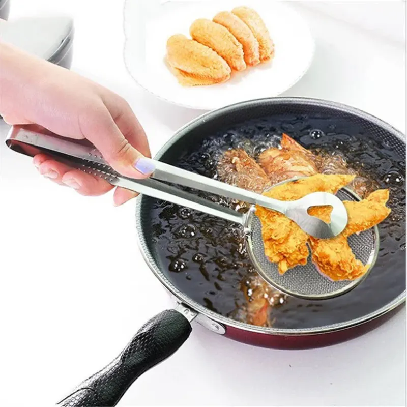 

Multifunctional Stainless Steel Fried Food Oil Spoon Colander Filter Drain Oil Clamp Kitchen Gadget, Silver