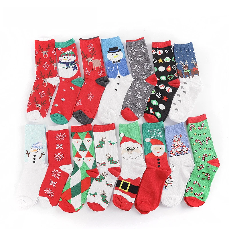 

New Arrival Wholesale Christmas Theme Elk Santa Claus Snowman Red White Grey Snowflakes High Quality Gifts Socks