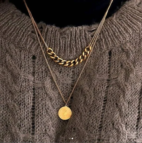 

Vintage Stainless Steel Chains Necklaces Circle Double Layered Coin Medallion Pendant Necklaces