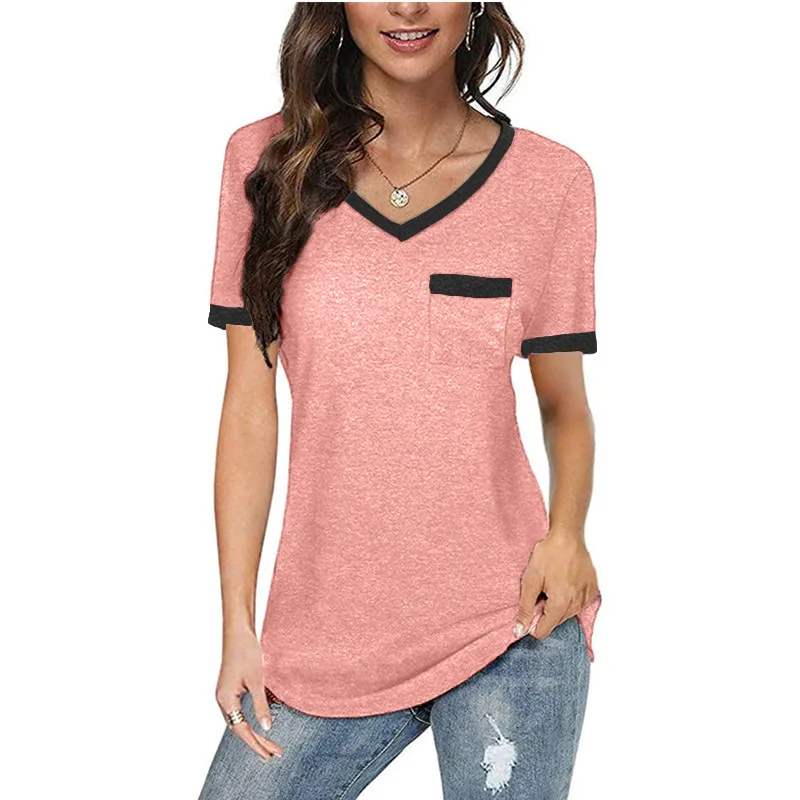 

New Summer Women Hot Sale V-neck Short-sleeved Contrast T-shirt Top, Picture color