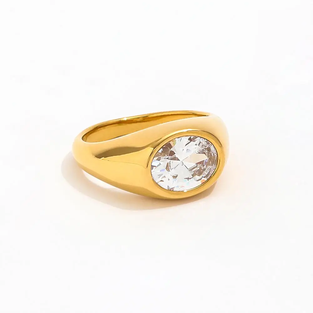 Joolim High-End 18K Gold-Plated Stainless Steel Women's Oval Zirconia Stamp Ring Non-Tarnishing Jewelry