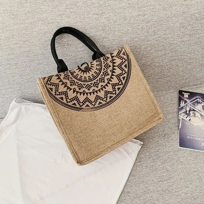 

Eco-Friendly Natural Gift Bohemia Printed Large-capacity One Shoulder Shopping Hand Bag Burlap Linen Jute Tote Bag, Khaki