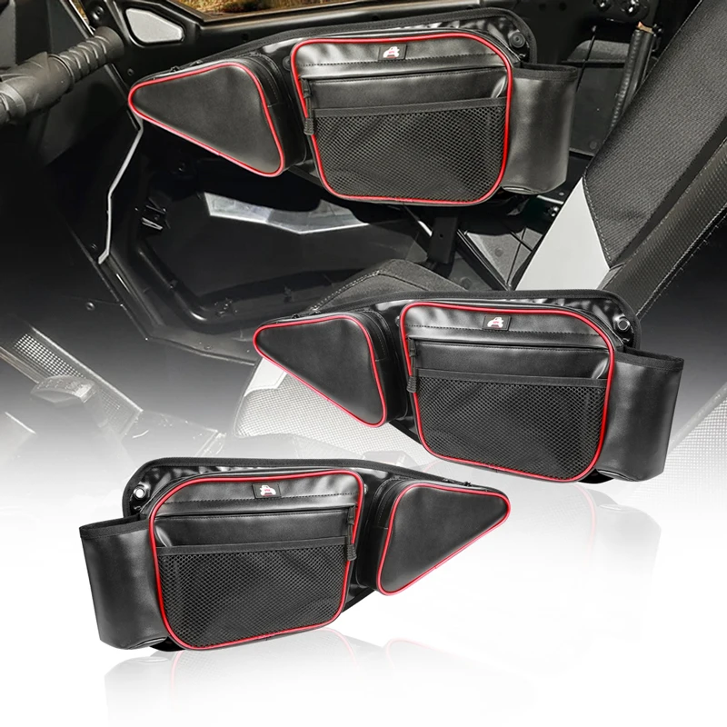 

Set of 2 Waterproof PU Material Front Door With Knee Pad Car Side Door Storage Bag, Black bag with red stitching