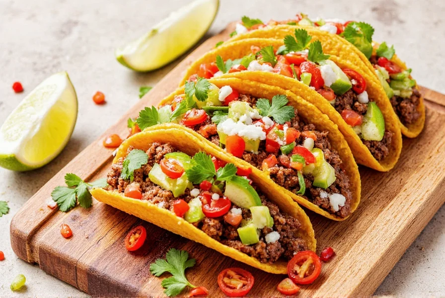 Chef stirring meat seasoned with taco seasoning in pan